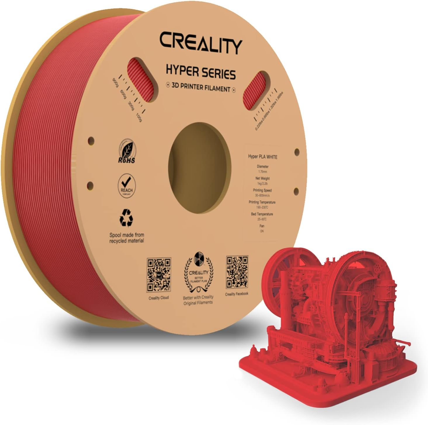 Creality FDM Filament Hyper PLA-CF Schwarz, 1 kg/2,2 lb 1,75 mm Spule, 10 x schnelleres Drucken, schnellere Abkühlung, höhere Zähigkeit, Genauigkeit ±0,03 mm,