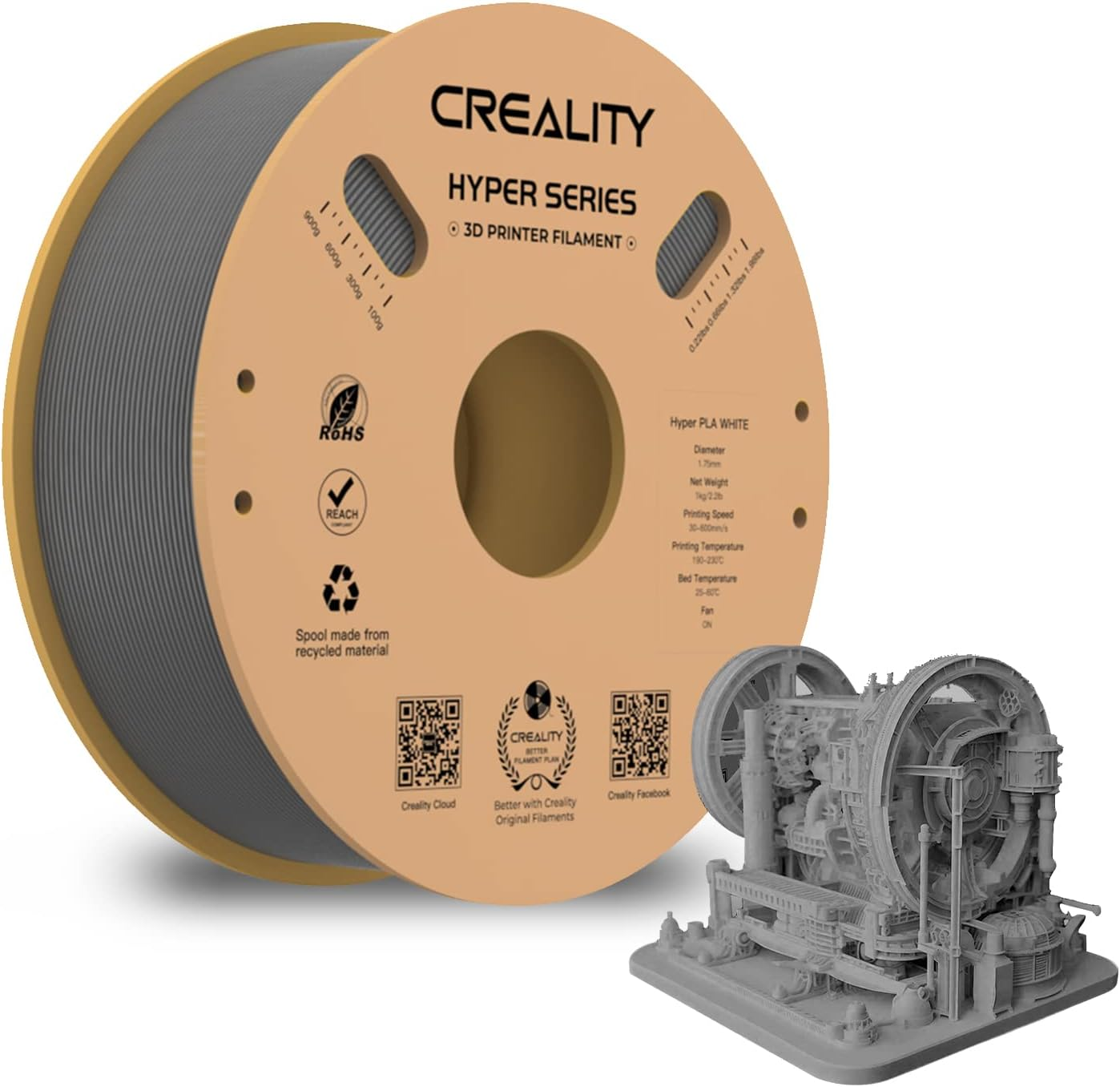 Creality FDM Filament Hyper PLA-CF Schwarz, 1 kg/2,2 lb 1,75 mm Spule, 10 x schnelleres Drucken, schnellere Abkühlung, höhere Zähigkeit, Genauigkeit ±0,03 mm,