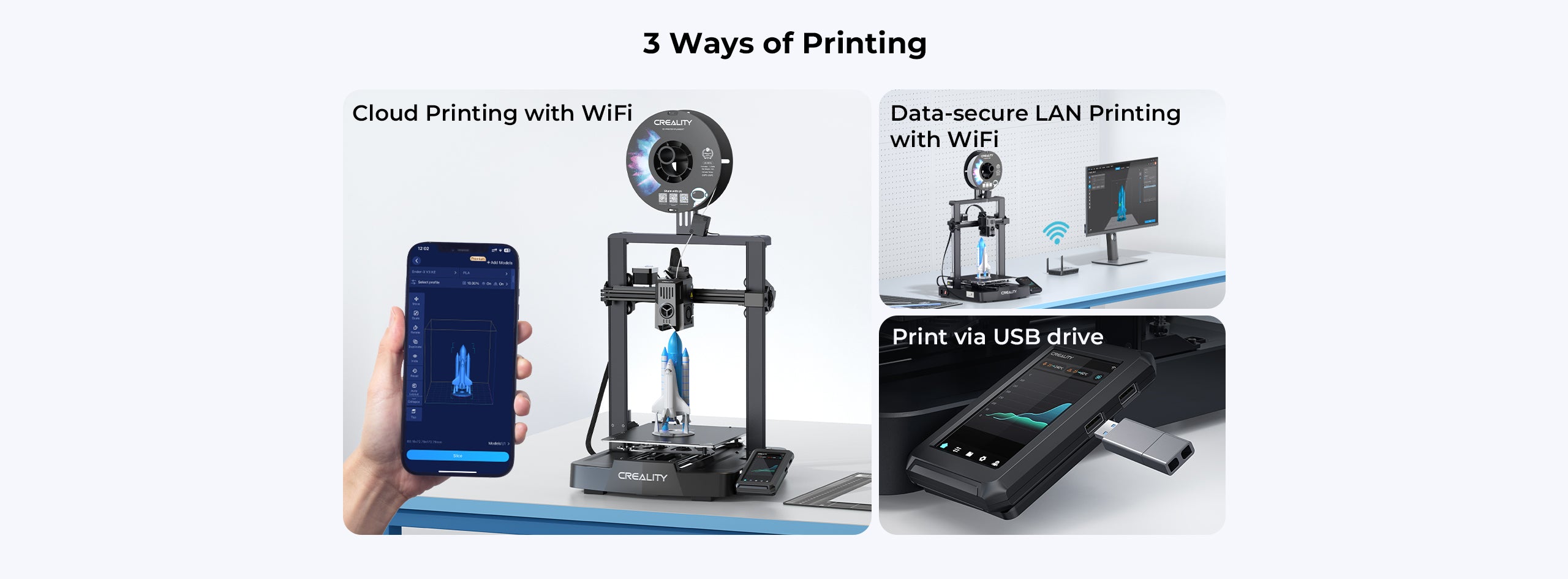 3 ways of 3d printing, could printing with wifi, date-sevure lan printing with wifi, print via USB drive