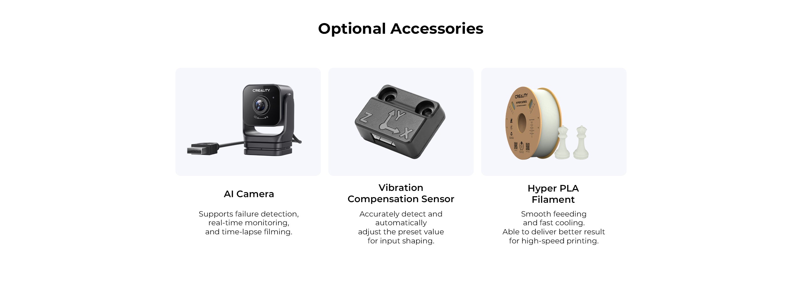 3 optional accessories of ender 3 v3 Ke, ai camera, vibration compensation sensor, hyper pla filament