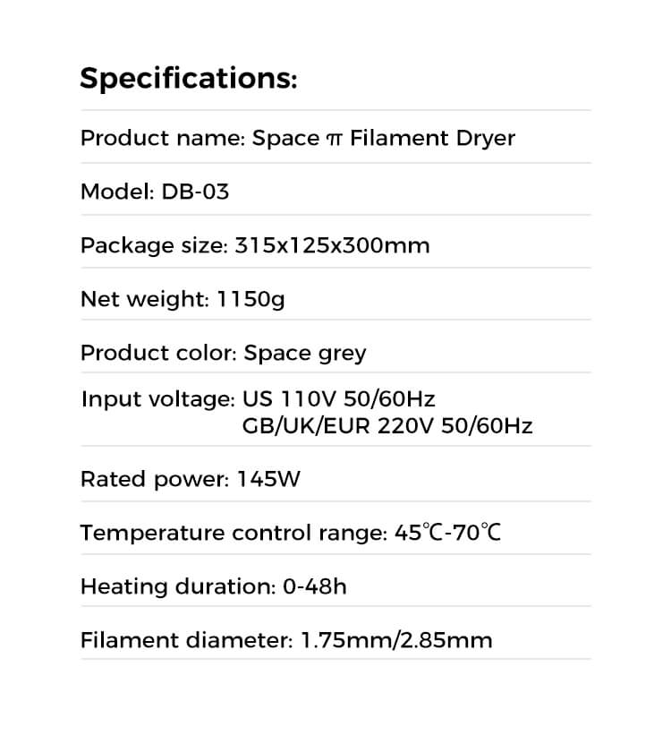 Creality space pi filament dryer specifications