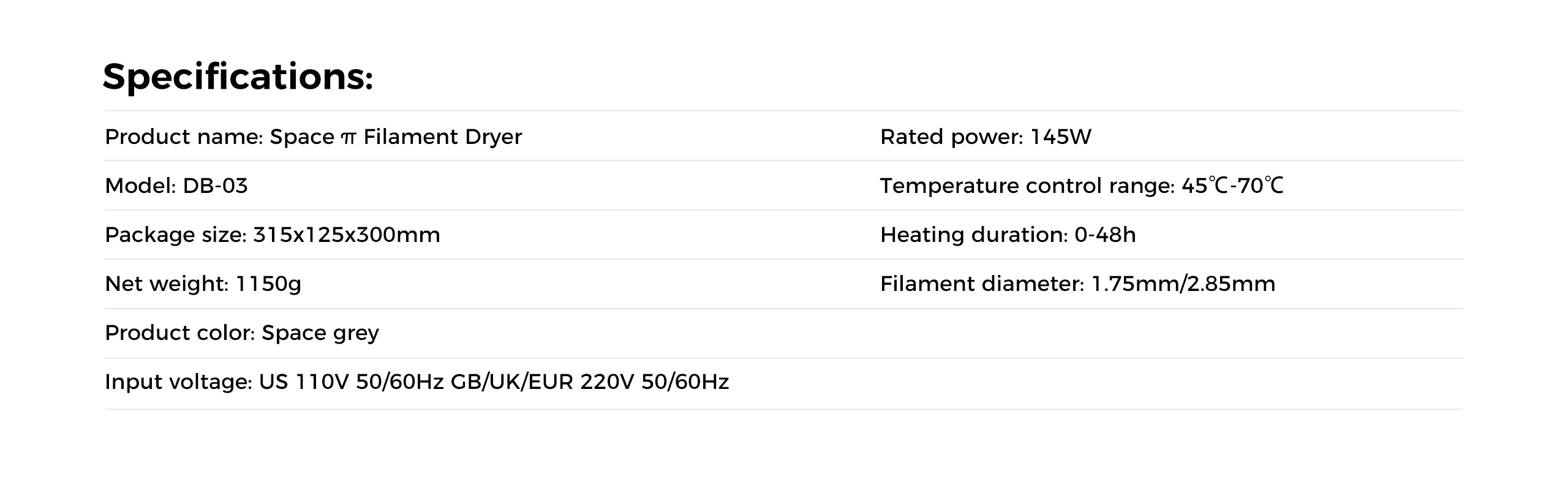 Creality space pi filament dryer specifications